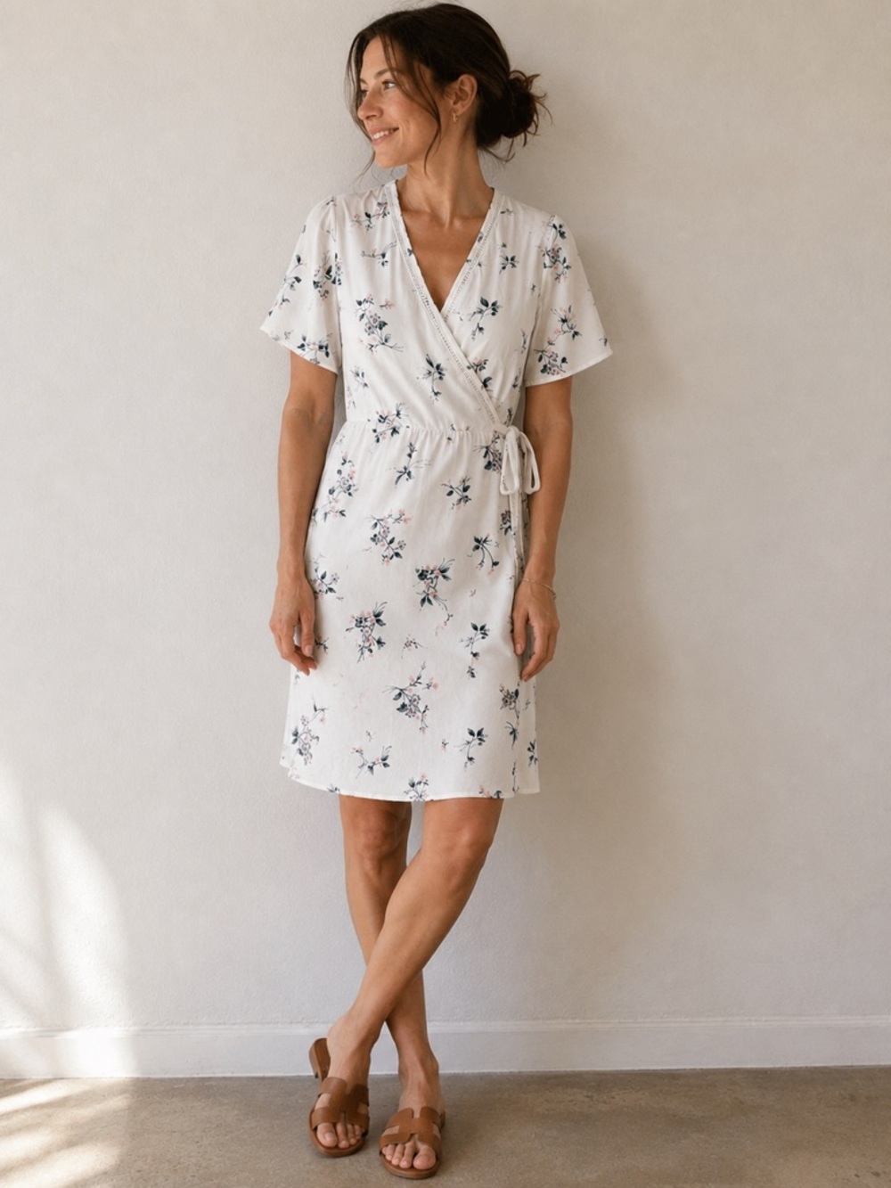 Sienna Sky Floral Faux Wrap Dress White/Pink/Green Short Sleeve Lined - Medium